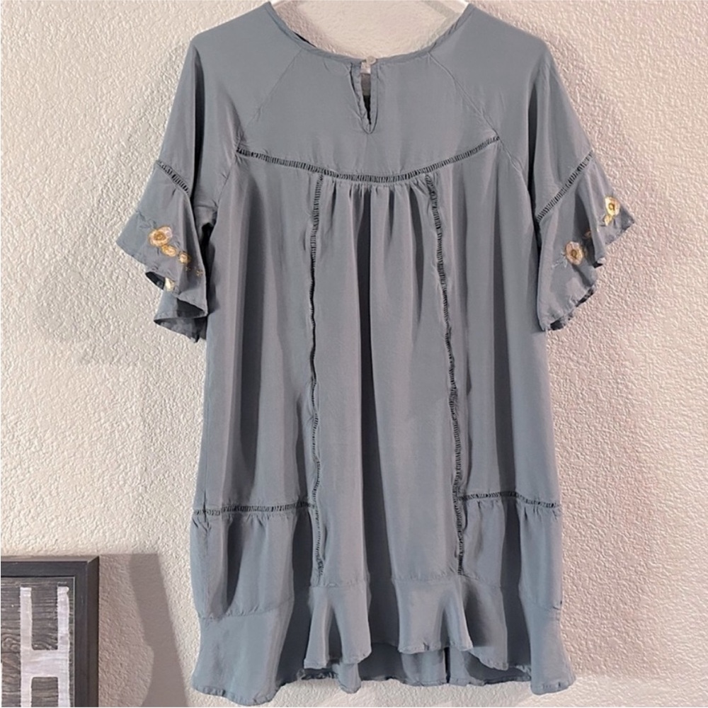 Blue Rain Dusty Blue & Yellow Embroidered Ruffle Mini Dress Size Medium - Picture 7 of 14